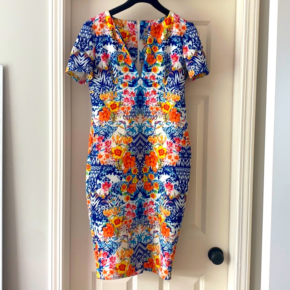 Multi color fitted stretchy below the knee dress